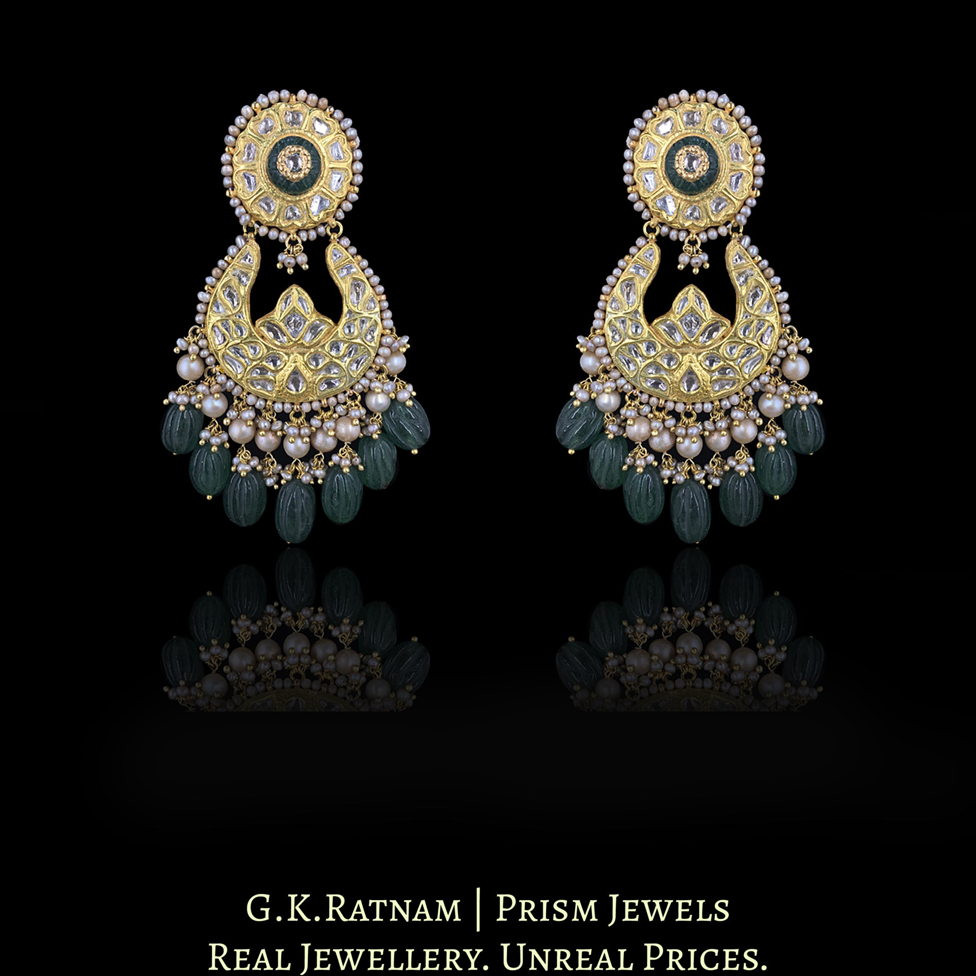 23k Gold and Diamond Polki Long Necklace Set with Antiqued Freshwater Pearls and Strawberry Quartz Melons - G. K. Ratnam