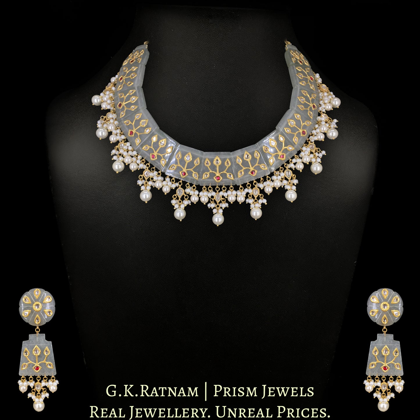 23k Gold and Diamond Polki Necklace Set with intricate Polki Inlays