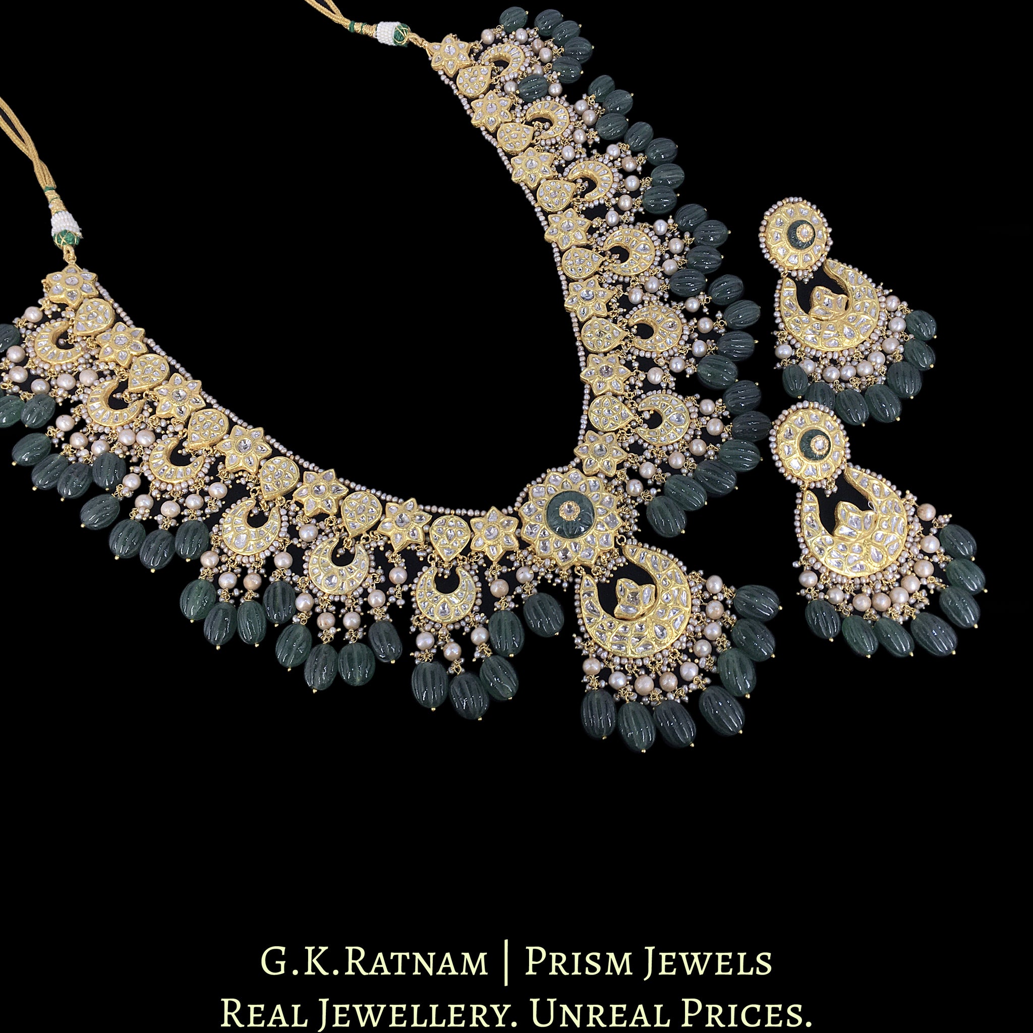 23k Gold and Diamond Polki Long Necklace Set with Antiqued Freshwater Pearls and Strawberry Quartz Melons