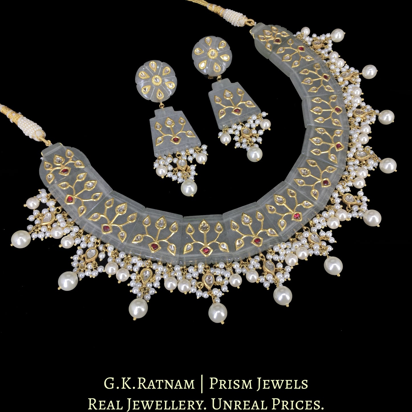 23k Gold and Diamond Polki Necklace Set with intricate Polki Inlays