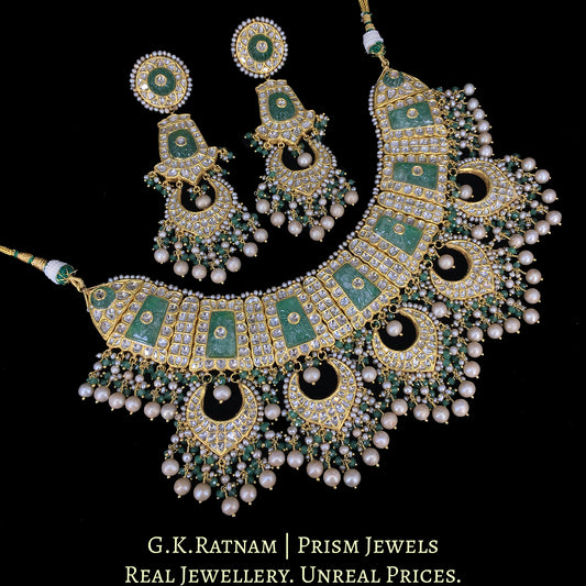 23k Gold and Diamond Polki Necklace Set with carved Emerald-like center