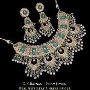 23k Gold and Diamond Polki Necklace Set with carved Emerald-like center
