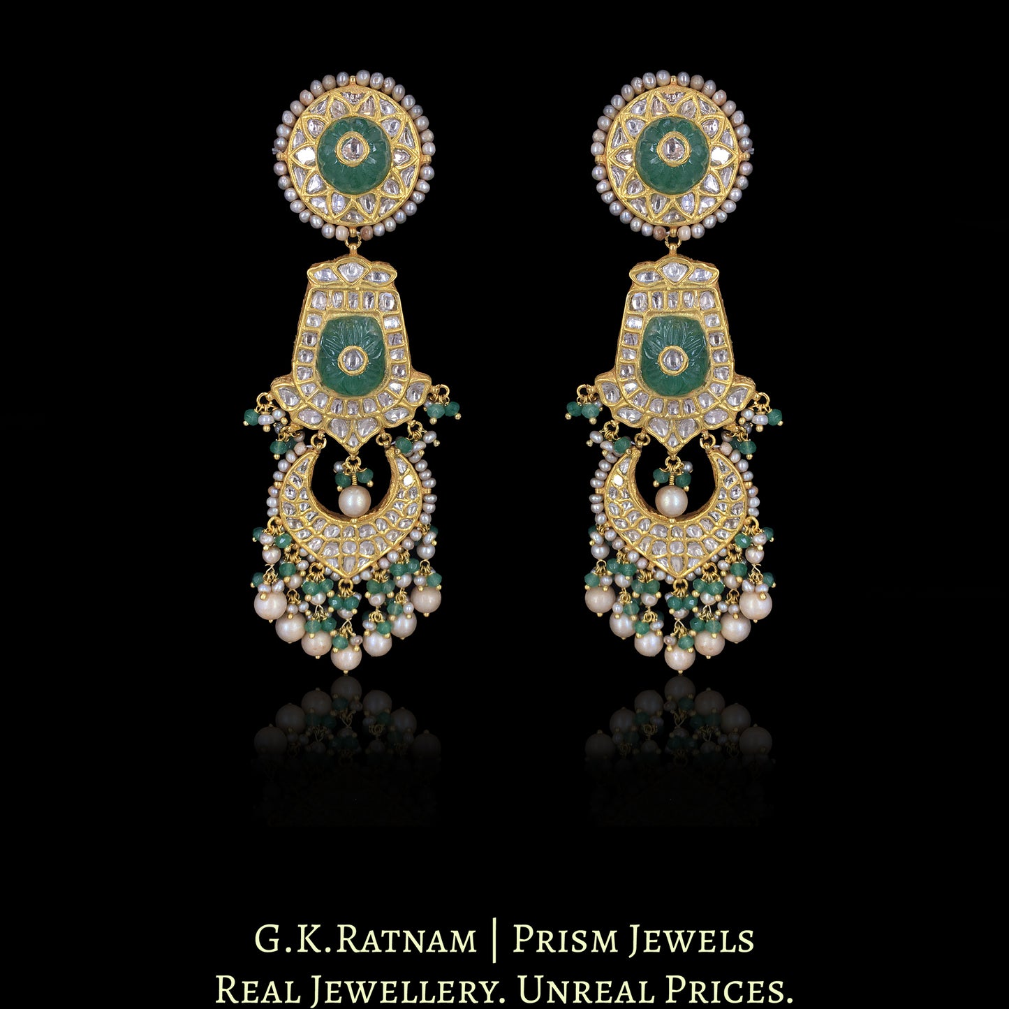 23k Gold and Diamond Polki Necklace Set with carved Emerald-like center