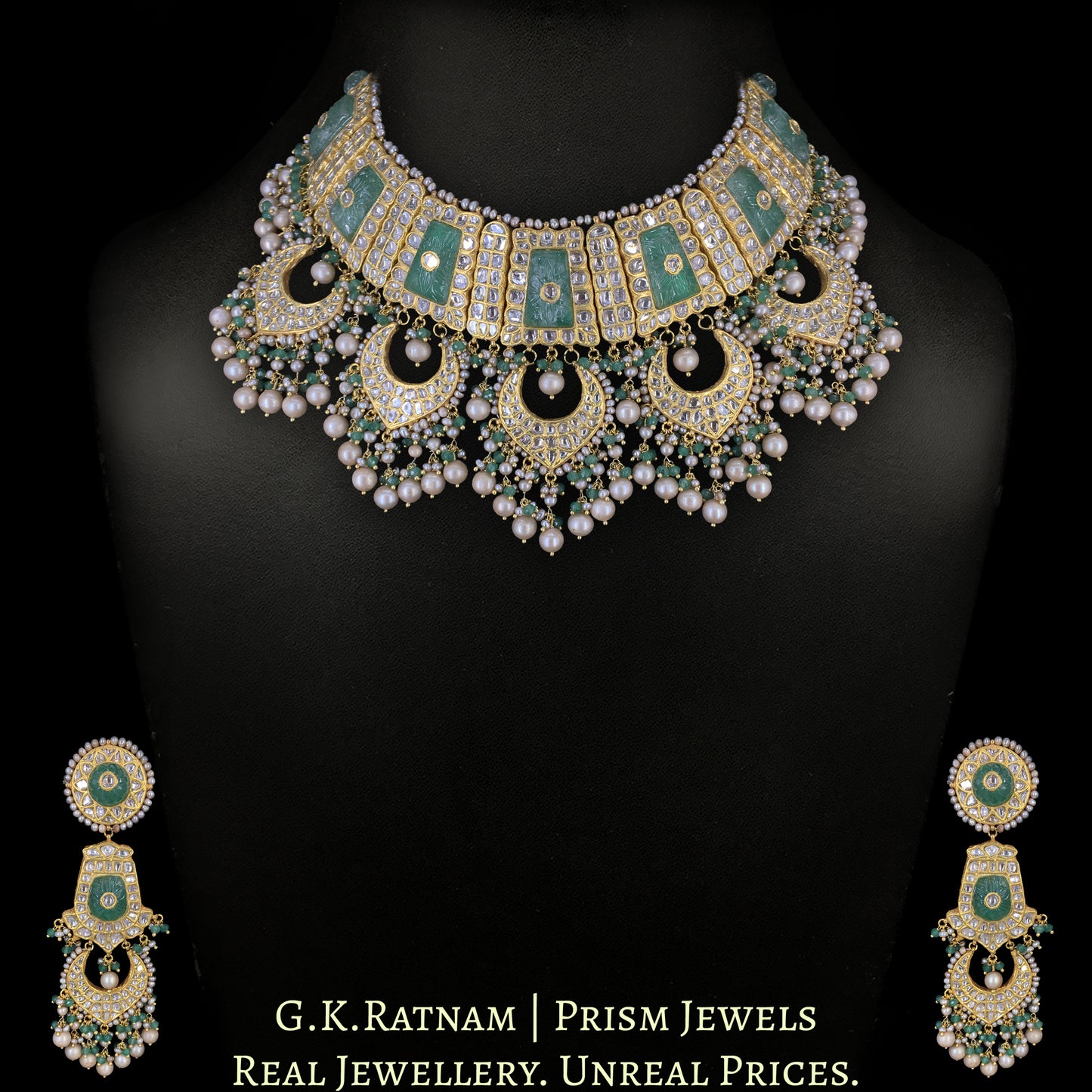 23k Gold and Diamond Polki Necklace Set with carved Emerald-like center