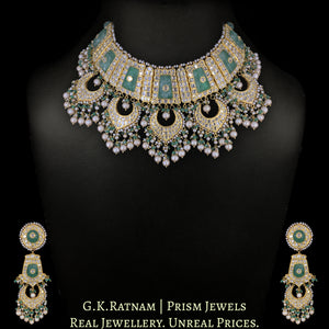 23k Gold and Diamond Polki Necklace Set with carved Emerald-like center