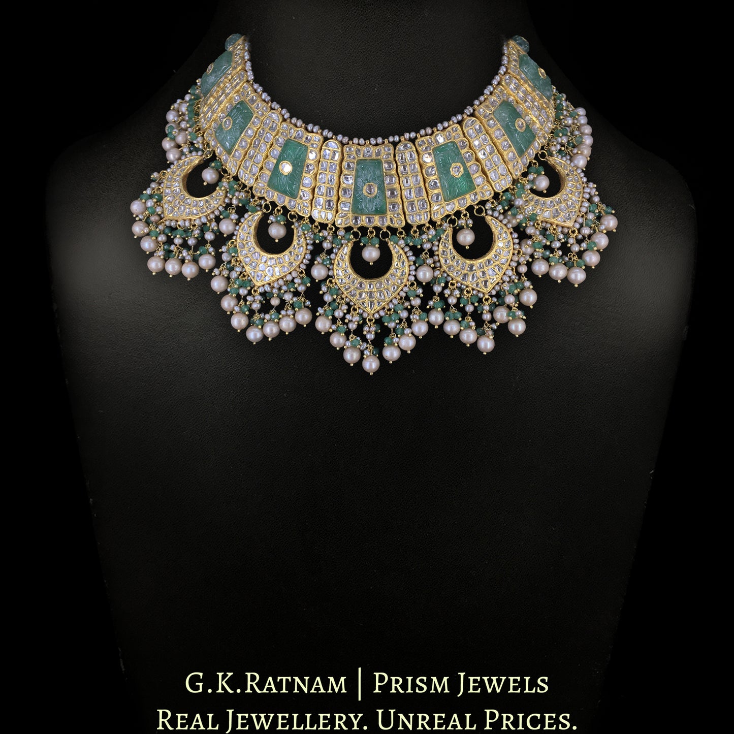23k Gold and Diamond Polki Necklace Set with carved Emerald-like center