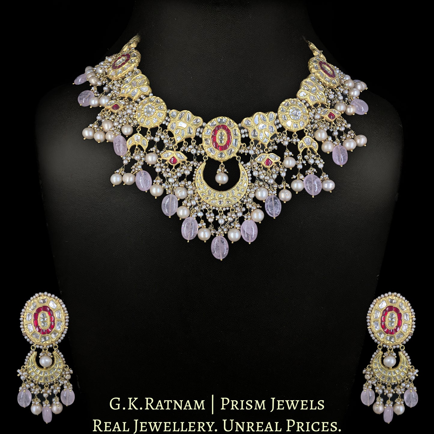 23k Gold and Diamond Polki Necklace Set with Antique Freshwater Pearls and Morganites
