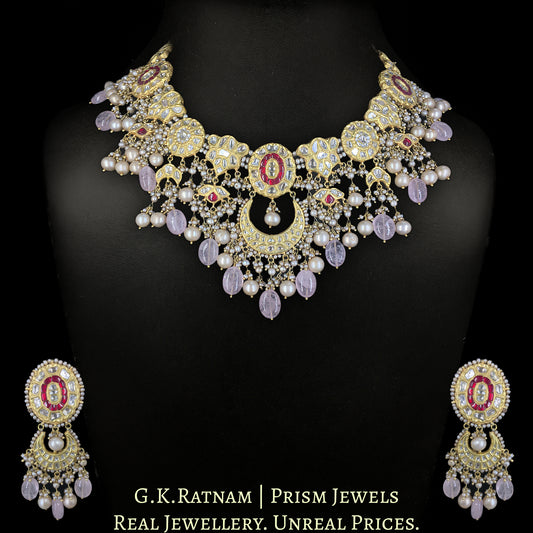23k Gold and Diamond Polki Necklace Set with Antique Freshwater Pearls and Morganites