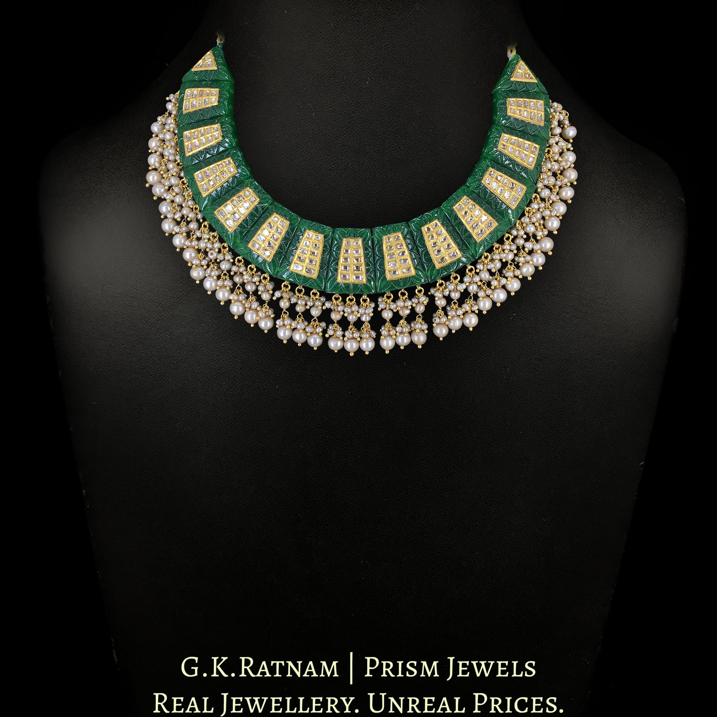 23k Gold and Diamond Polki with intricate gold & uncut inlays on carved emerald-like sticks