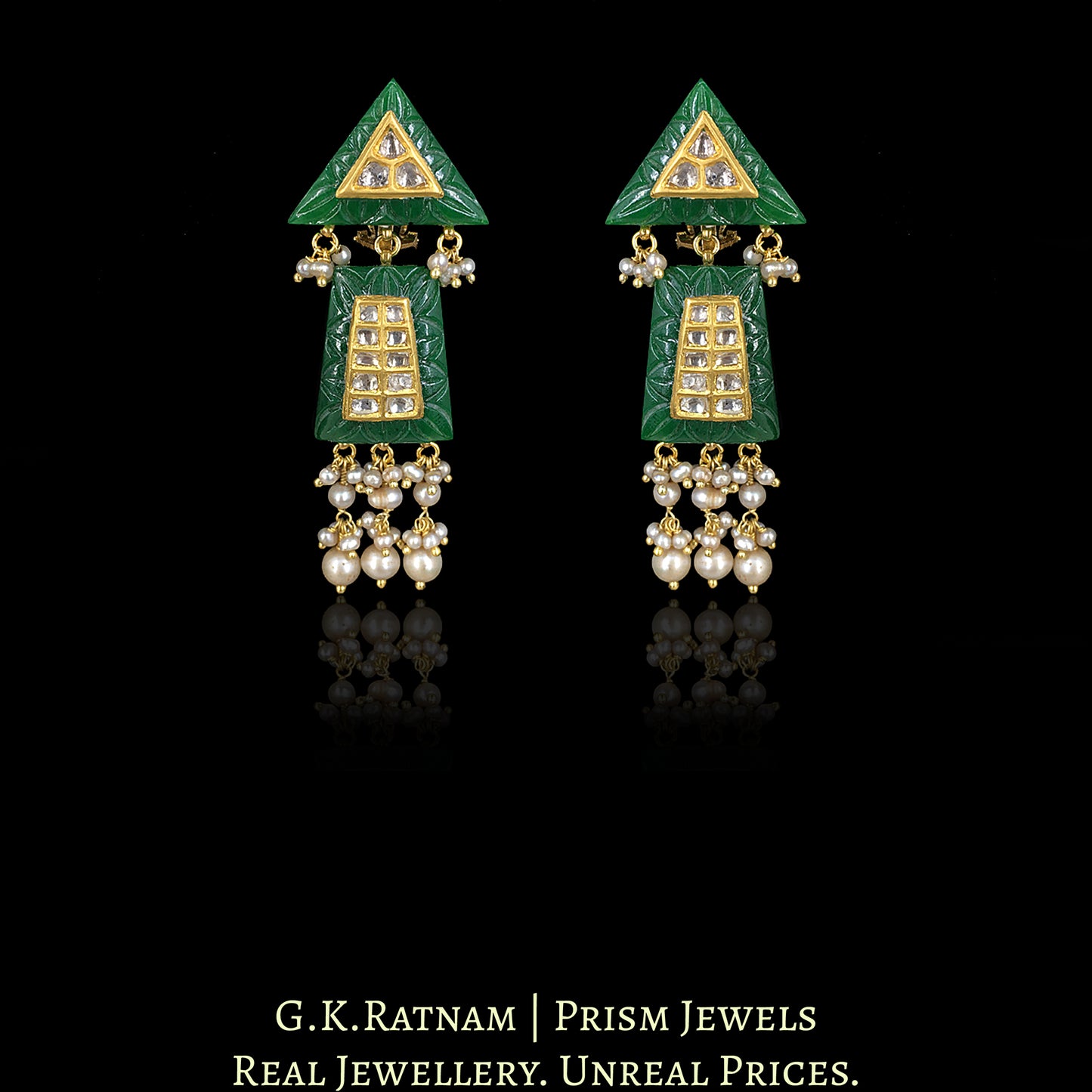 23k Gold and Diamond Polki with intricate gold & uncut inlays on carved emerald-like sticks