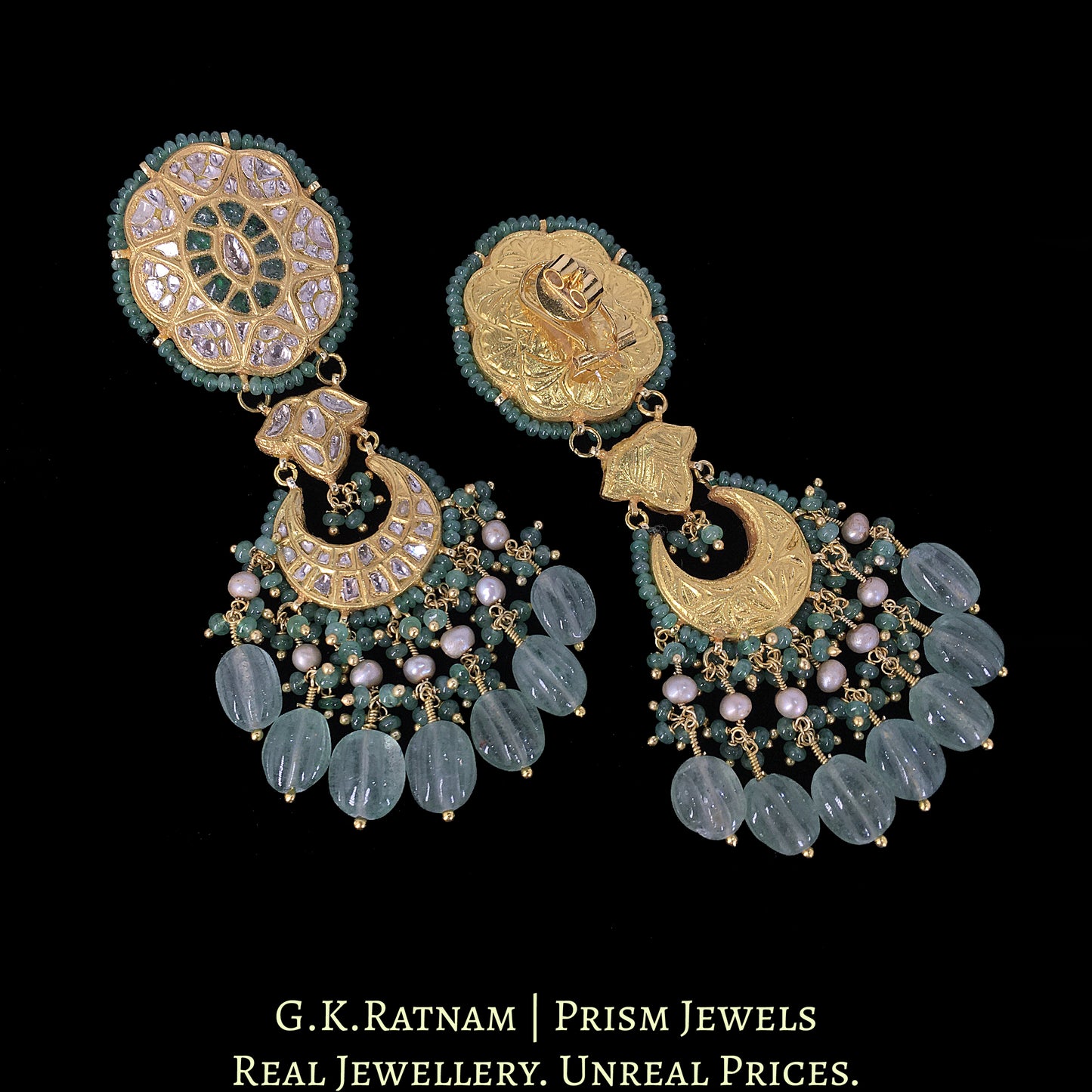 23k Gold and Diamond Polki Chand Bali Earring Pair enhanced with Natural Emeralds, Strawberry Quartz and Antiqued Pearls - G. K. Ratnam