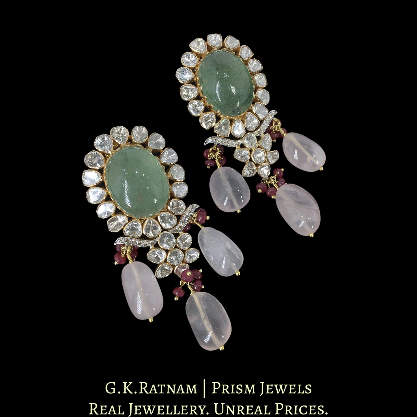 18k Gold and Diamond Polki Open Setting Necklace Set with Strawberry Quartz and Rose Quartz - G. K. Ratnam