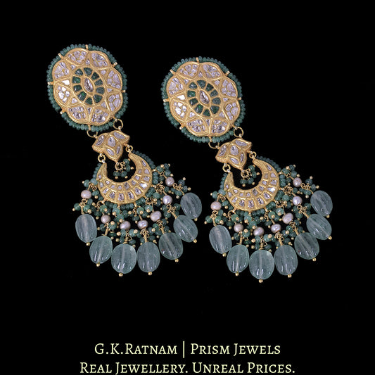 23k Gold and Diamond Polki Chand Bali Earring Pair enhanced with Natural Emeralds, Strawberry Quartz and Antiqued Pearls - G. K. Ratnam