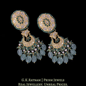 23k Gold and Diamond Polki Chand Bali Earring Pair enhanced with Natural Emeralds, Strawberry Quartz and Antiqued Pearls