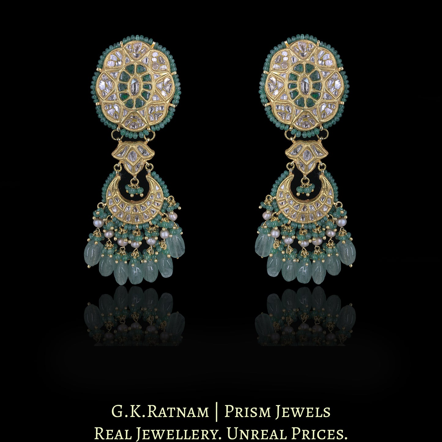 23k Gold and Diamond Polki Chand Bali Earring Pair enhanced with Natural Emeralds, Strawberry Quartz and Antiqued Pearls - G. K. Ratnam