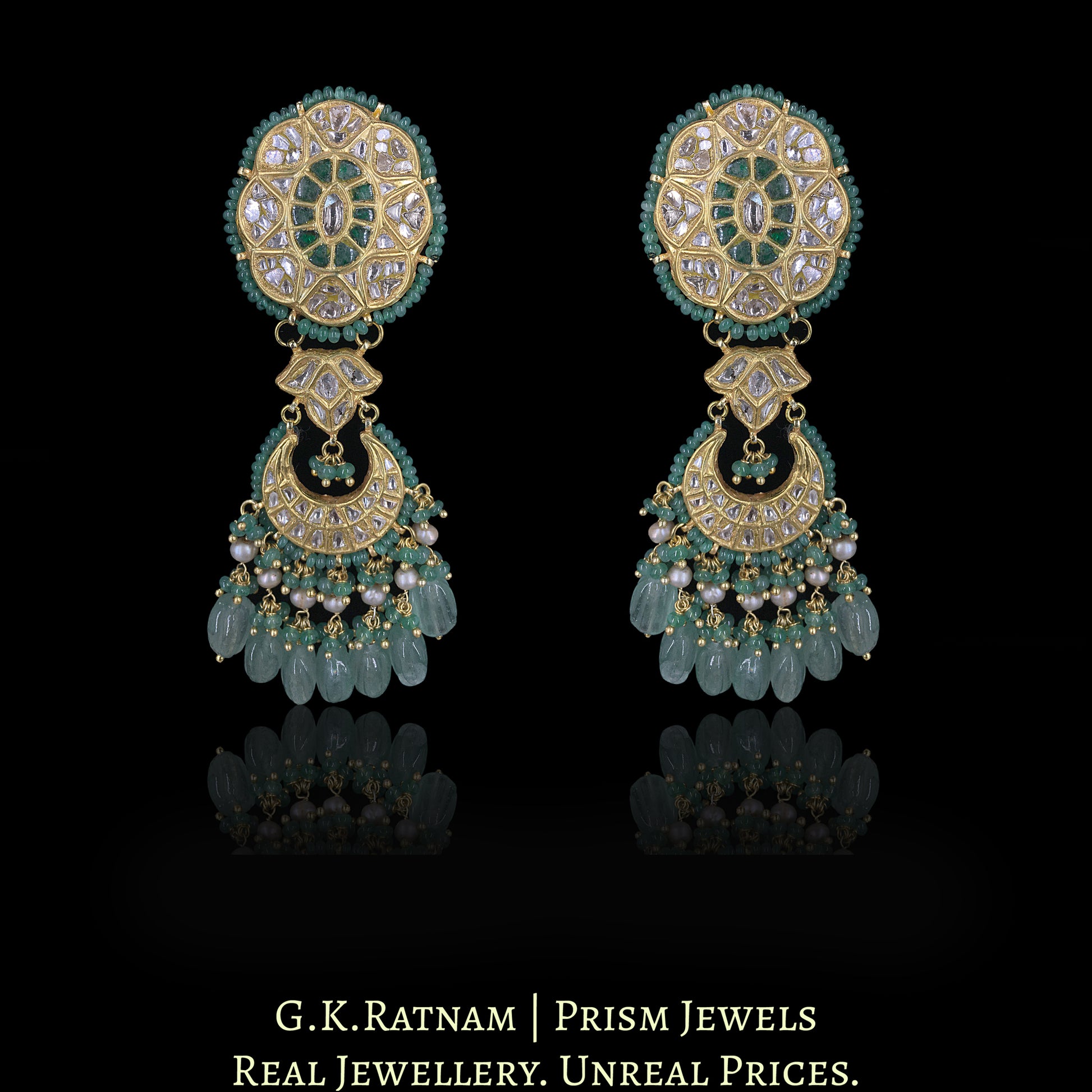 23k Gold and Diamond Polki Chand Bali Earring Pair enhanced with Natural Emeralds, Strawberry Quartz and Antiqued Pearls - G. K. Ratnam