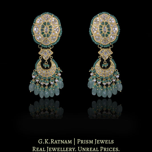 23k Gold and Diamond Polki Chand Bali Earring Pair enhanced with Natural Emeralds, Strawberry Quartz and Antiqued Pearls - G. K. Ratnam
