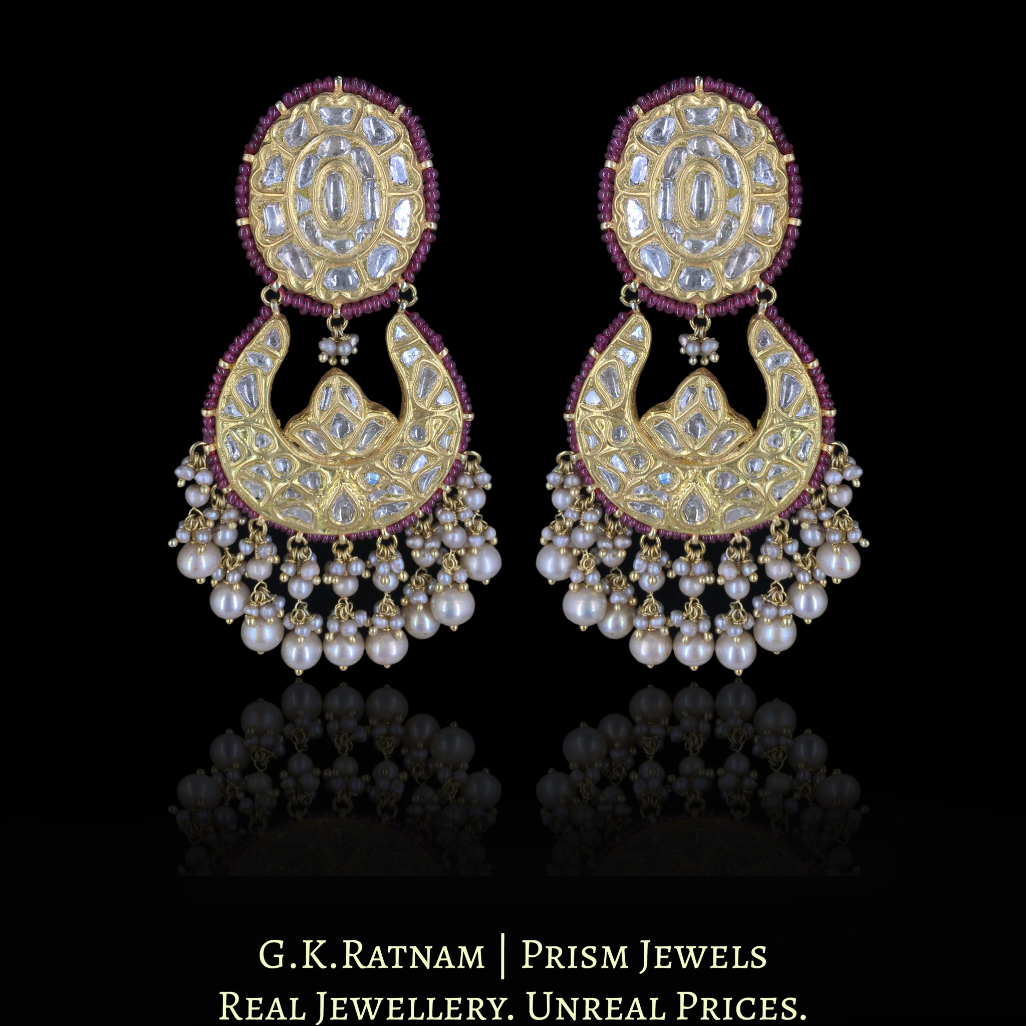 23k Gold and Diamond Polki Chand Bali Earring Pair enhanced with Rubies and Antiqued Hyderabadi Pearls