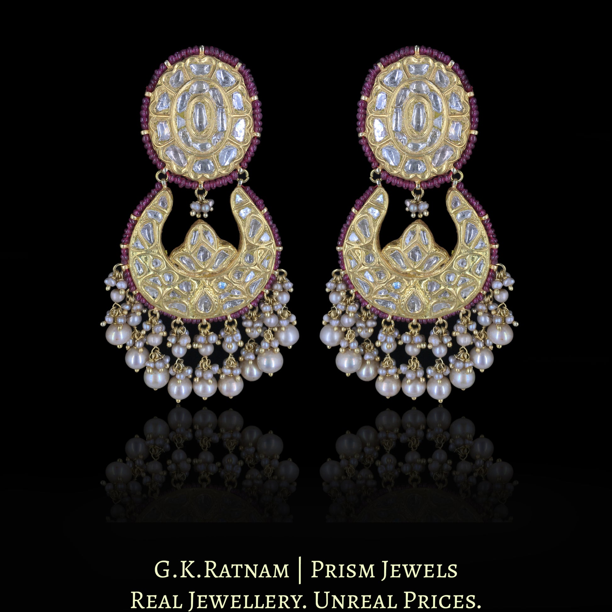 23k Gold and Diamond Polki Chand Bali Earring Pair enhanced with Rubies and Antiqued Hyderabadi Pearls - G. K. Ratnam