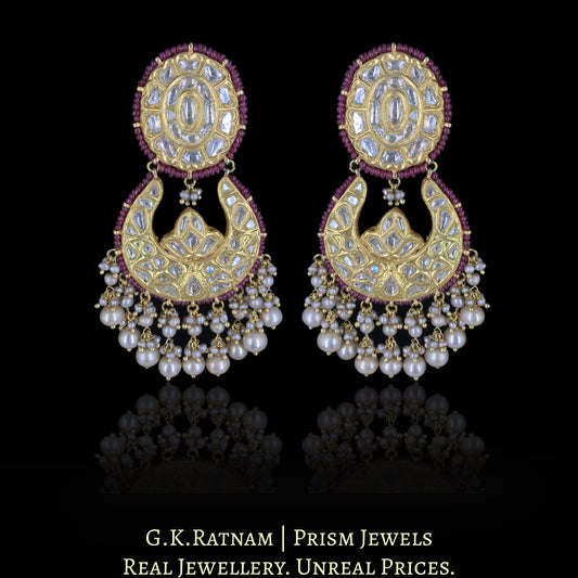23k Gold and Diamond Polki Chand Bali Earring Pair enhanced with Rubies and Antiqued Hyderabadi Pearls - G. K. Ratnam