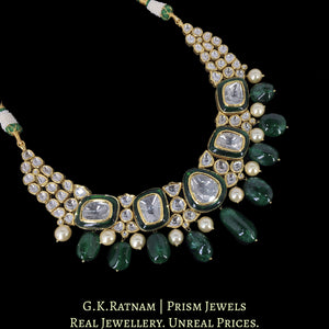 18k Gold and Diamond Polki Necklace with emerald-grade chunky Beryl Hangings
