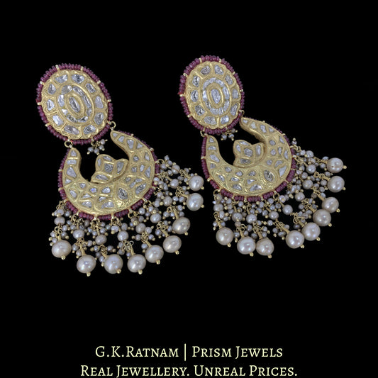 23k Gold and Diamond Polki Chand Bali Earring Pair enhanced with Rubies and Antiqued Hyderabadi Pearls - G. K. Ratnam