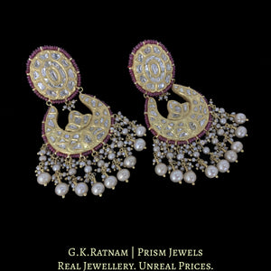 23k Gold and Diamond Polki Chand Bali Earring Pair enhanced with Rubies and Antiqued Hyderabadi Pearls
