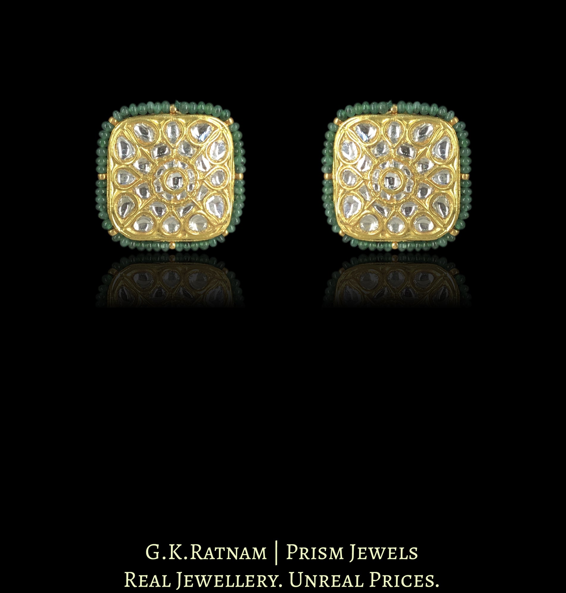 23k Gold and Diamond Polki Karnfool Earring Pair with Emeralds