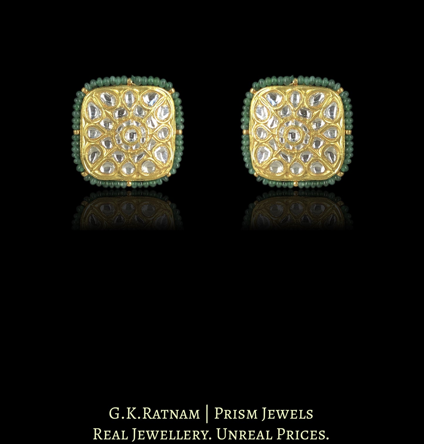 23k Gold and Diamond Polki Karnfool Earring Pair with Emeralds - G. K. Ratnam