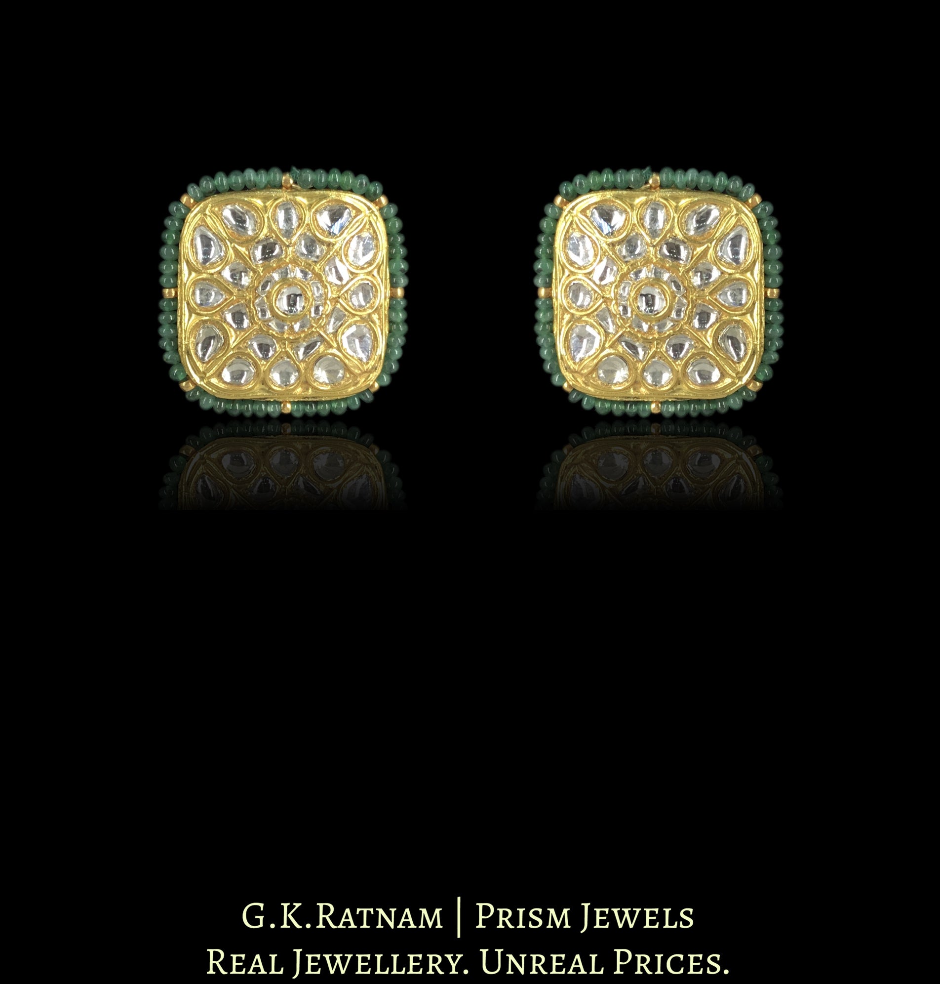23k Gold and Diamond Polki Karnfool Earring Pair with Emeralds - G. K. Ratnam