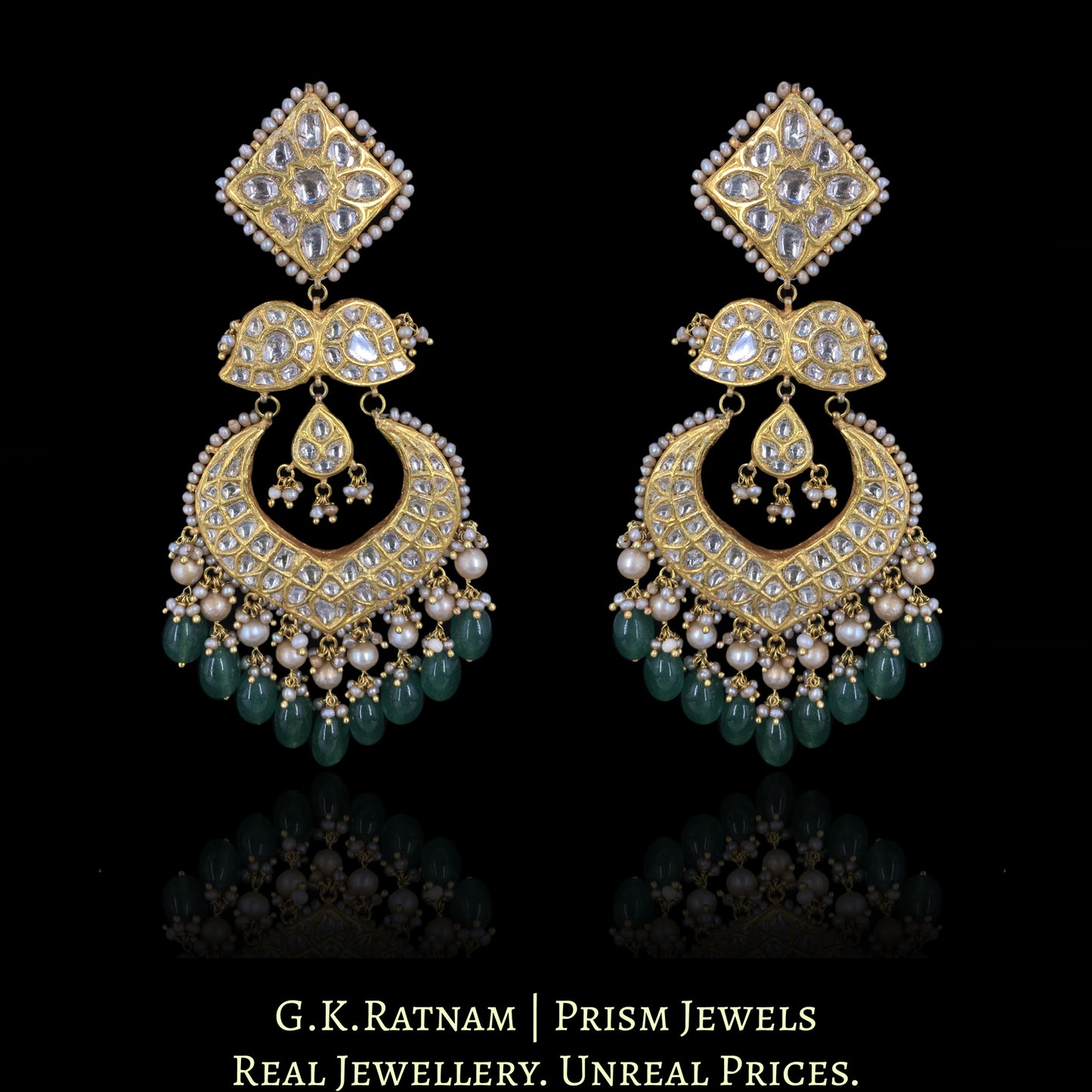 23k Gold and Diamond Polki Choker Necklace Set strung with Antiqued Hyderabadi Pearls & emerald-green Beryls - G. K. Ratnam