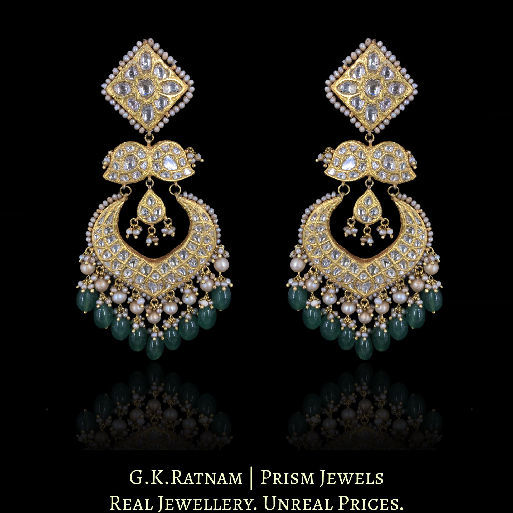 23k Gold and Diamond Polki Choker Necklace Set strung with Antiqued Hyderabadi Pearls & emerald-green Beryls - G. K. Ratnam