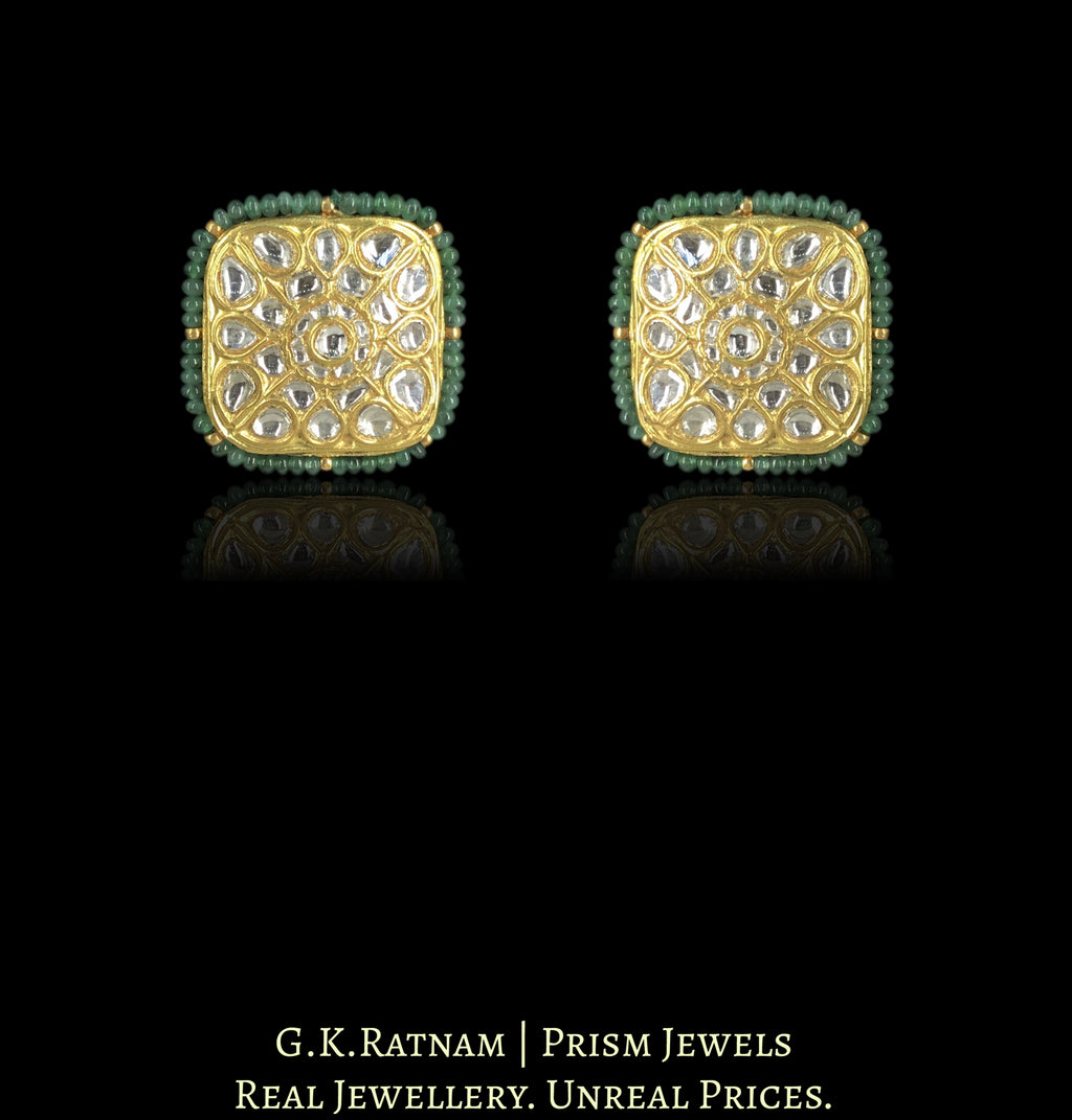 23k Gold and Diamond Polki Karnfool Earring Pair with Emeralds