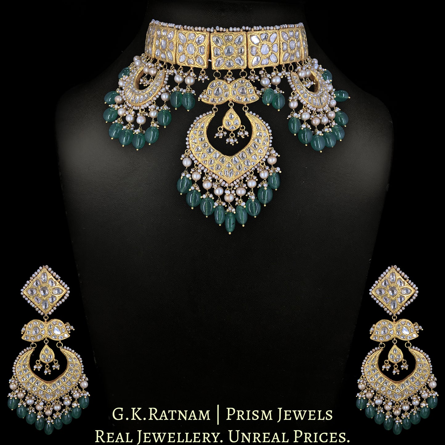 23k Gold and Diamond Polki Choker Necklace Set strung with Antiqued Hyderabadi Pearls & emerald-green Beryls - G. K. Ratnam
