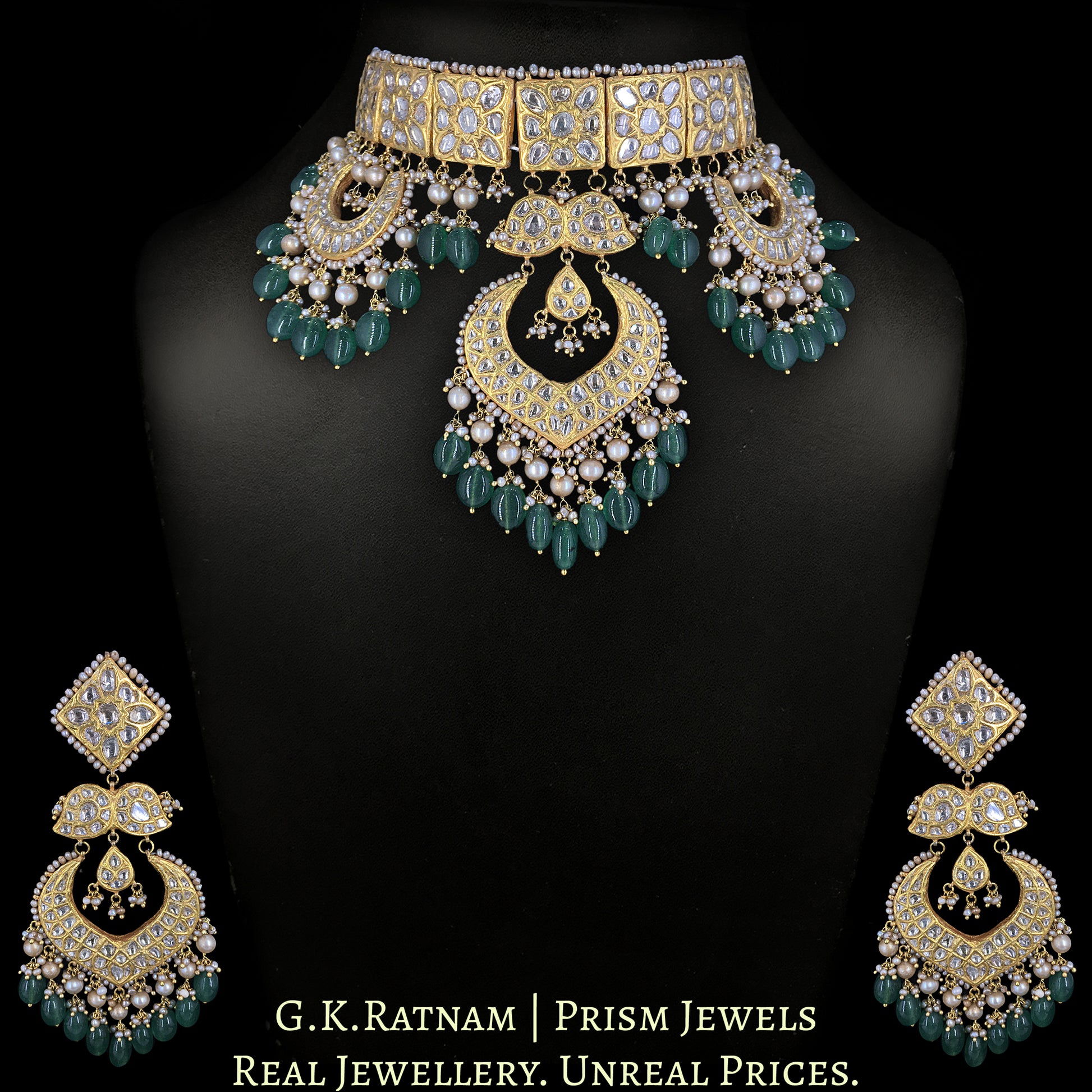 23k Gold and Diamond Polki Choker Necklace Set strung with Antiqued Hyderabadi Pearls & emerald-green Beryls - G. K. Ratnam