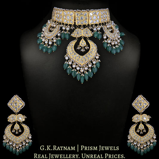 23k Gold and Diamond Polki Choker Necklace Set strung with Antiqued Hyderabadi Pearls & emerald-green Beryls