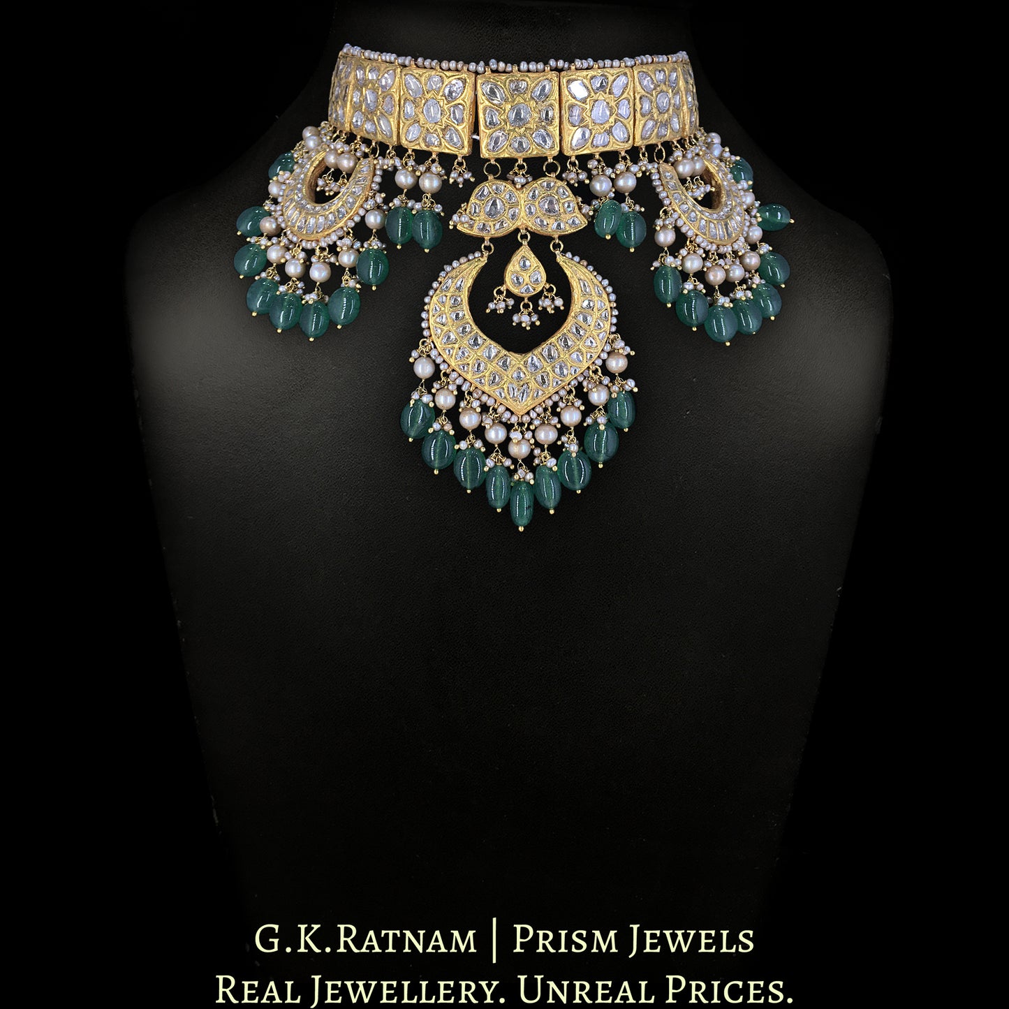 23k Gold and Diamond Polki Choker Necklace Set strung with Antiqued Hyderabadi Pearls & emerald-green Beryls - G. K. Ratnam