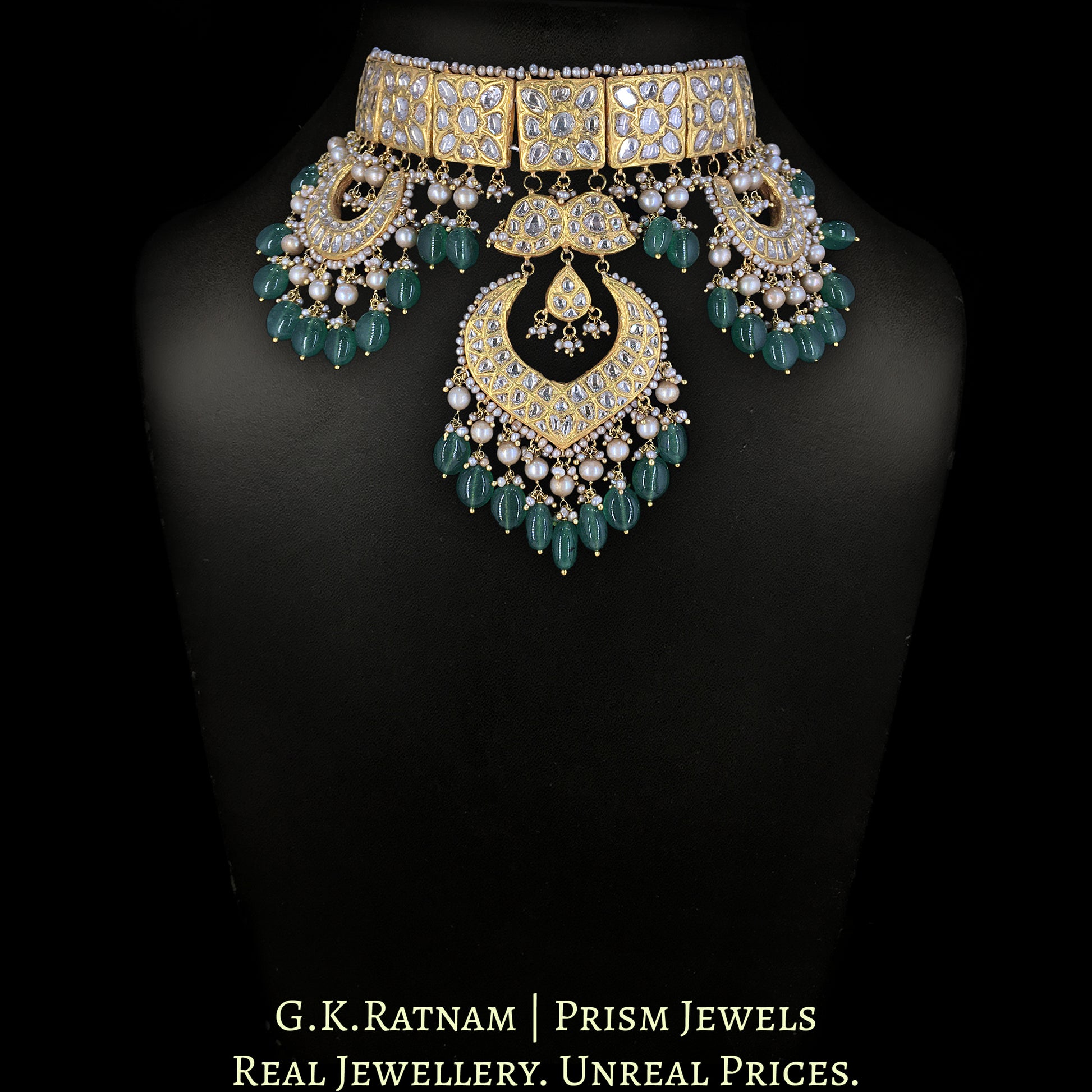 23k Gold and Diamond Polki Choker Necklace Set strung with Antiqued Hyderabadi Pearls & emerald-green Beryls - G. K. Ratnam