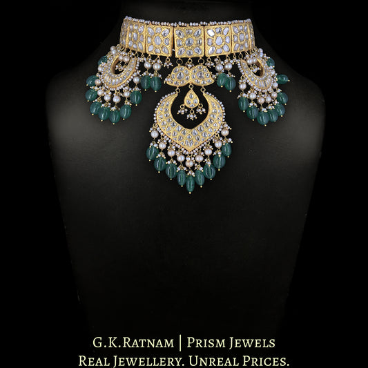 23k Gold and Diamond Polki Choker Necklace Set strung with Antiqued Hyderabadi Pearls & emerald-green Beryls