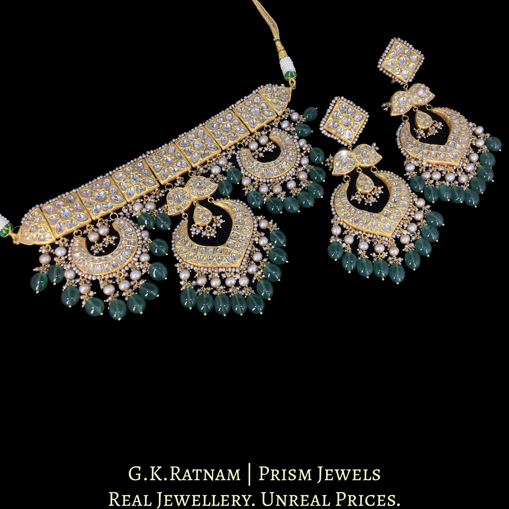 23k Gold and Diamond Polki Choker Necklace Set strung with Antiqued Hyderabadi Pearls & emerald-green Beryls - G. K. Ratnam