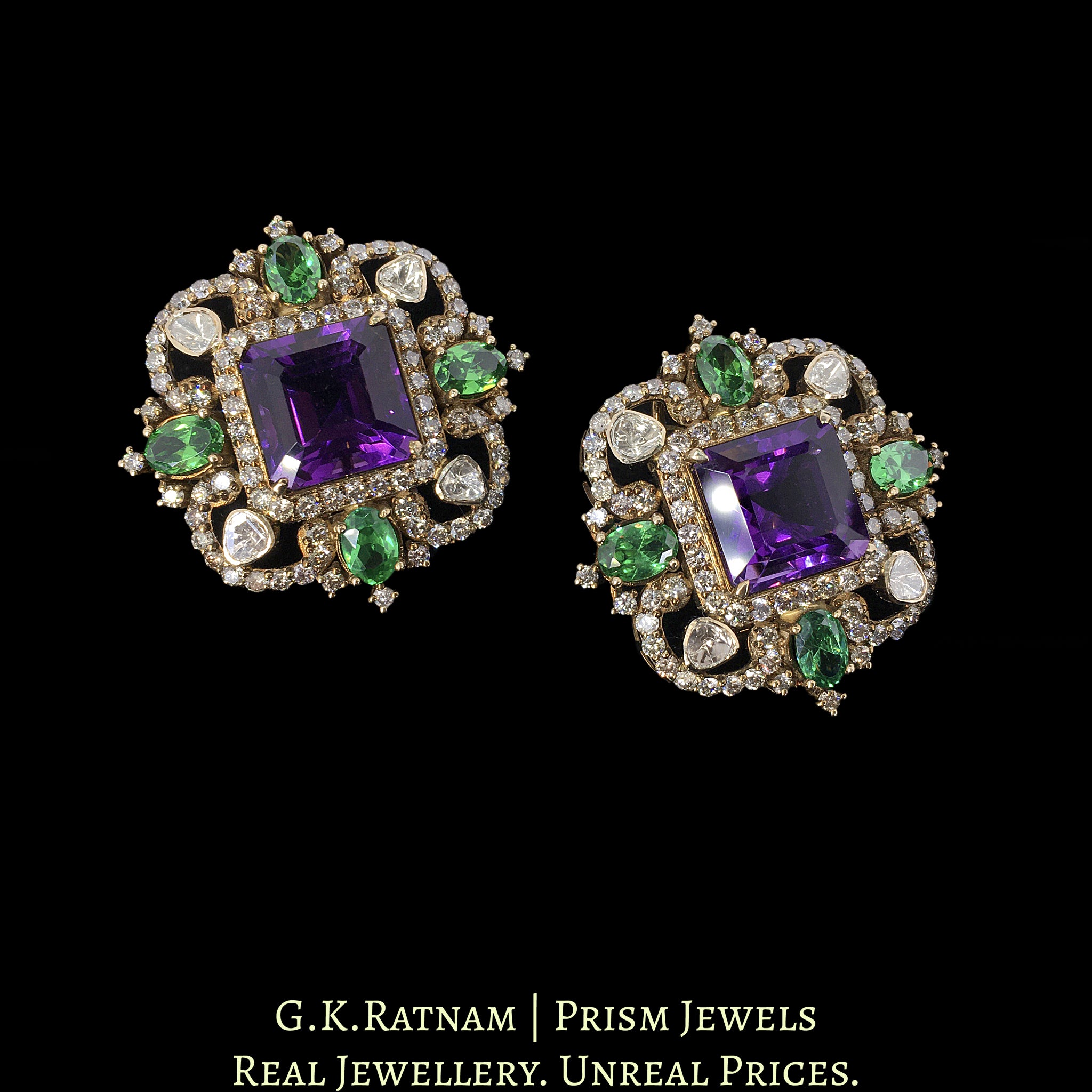 14k Gold and Diamond Polki Open Setting Karanphool Earring Pair with Amethysts and Emeralds