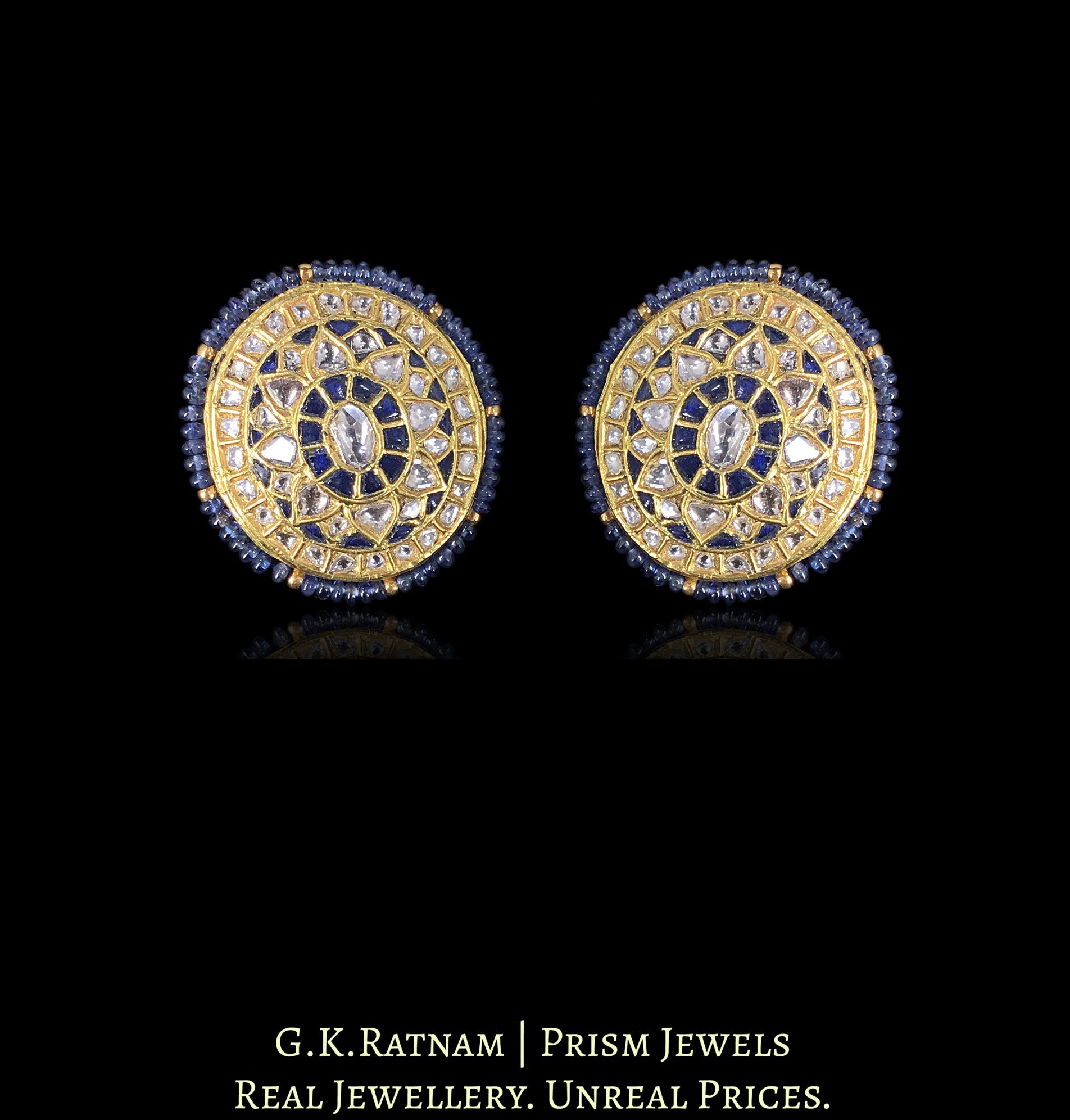 23k Gold and Diamond Polki Karnfool Earring Pair with Blue Sapphires