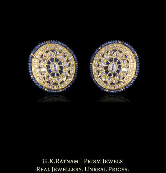 23k Gold and Diamond Polki Karnfool Earring Pair with Blue Sapphires