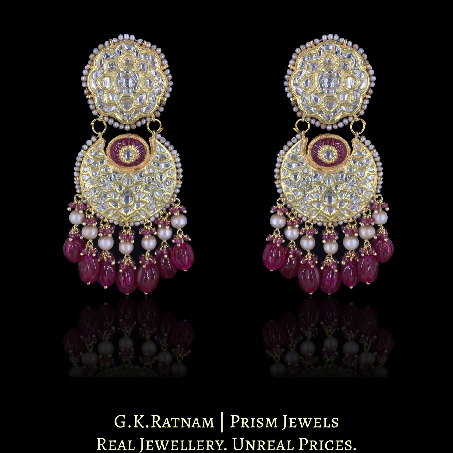 23K Gold and Diamond Polki Chand Bali Earring Pair with Antiqued Freshwater Pearls and hand-carved Quartz