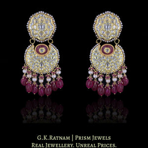 23K Gold and Diamond Polki Chand Bali Earring Pair with Antiqued Freshwater Pearls and hand-carved Quartz
