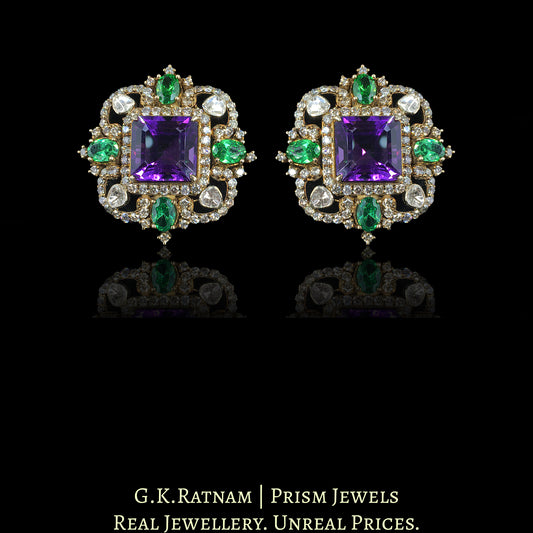 14k Gold and Diamond Polki Open Setting Karanphool Earring Pair with Amethysts and Emeralds