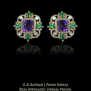 14k Gold and Diamond Polki Open Setting Karanphool Earring Pair with Amethysts and Emeralds