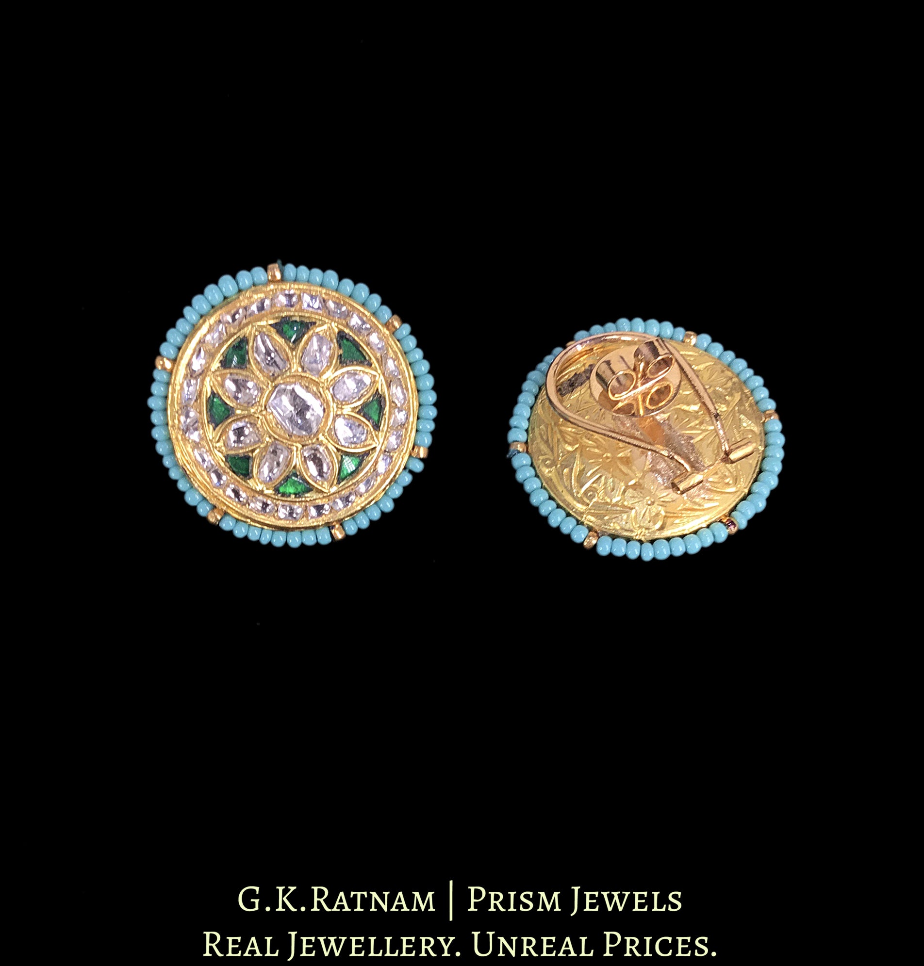 23k Gold and Diamond Polki Karnfool Earring Pair with Phiroza Chid