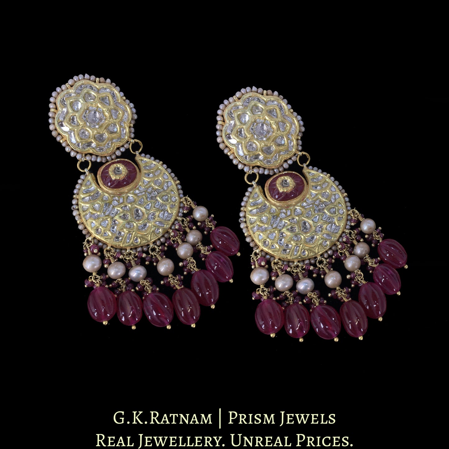 23K Gold and Diamond Polki Chand Bali Earring Pair with Antiqued Freshwater Pearls and hand-carved Quartz