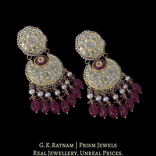 23K Gold and Diamond Polki Chand Bali Earring Pair with Antiqued Freshwater Pearls and hand-carved Quartz